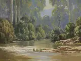 Morning Light, Yarra River, Warburton by Gerald Mutsaers, oil on board, offered Oct 2022