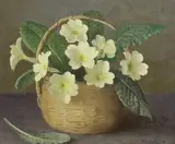 Primroses in a basket by Gerald Norden, oil on board, sold Oct 2022