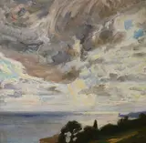 Coastal landscape by Carlo Wostry, oil on panel, sold Oct 2022