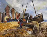 Fishing boats on the beach by Edith Ray, oil on board, sold Oct 2022
