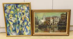 River Thames near Hammersmith Bridge' and Untitled abstracted figures, both signed, 39 x 58cm and 60 x 45cm by Piotr Mleczko, oil on canvas, sold Oct 2022