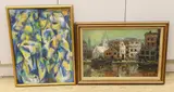 River Thames near Hammersmith Bridge' and Untitled abstracted figures, both signed, 39 x 58cm and 60 x 45cm by Piotr Mleczko, oil on canvas, sold Oct 2022