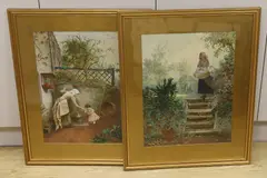 Maid fetching water for an infant and Maid carrying laundry by Frank Nowlan, watercolor, sold Oct 2022