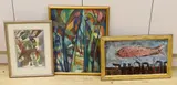 Figures in woodland, Pink Fish and Untitled composition, two signed, 50 x 40cm, 27 x 47cm and 29 x 20cm by Piotr Mleczko, drawing, sold Oct 2022