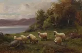 Sheep beside a loch by John Macpherson, oil on canvas, sold Aug 2022