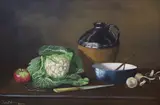 Still life of a cauliflower by Stanley Dollimore, 1975, oil on canvas, sold Aug 2022