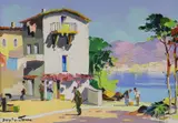Mediterranean coastal town by Cecil Rochfort D'Oyly-John, oil on canvas, sold Aug 2022