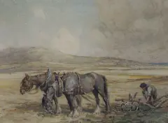 Ploughing scene, monogrammed, 41 x 54cm by Nathaniel Hughes John Baird, watercolour, sold Aug 2022