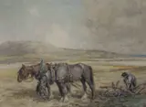 Ploughing scene, monogrammed, 41 x 54cm by Nathaniel Hughes John Baird, watercolour, sold Aug 2022