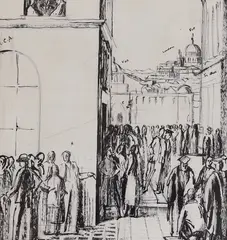 The Principal taking leave of students by James Stroudley, ink and pencil on paper, offered Aug 2022