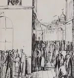 The Principal taking leave of students by James Stroudley, ink and pencil on paper, offered Aug 2022