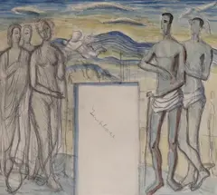 Mural design for a fire surround, Liss Fine Art label verso, 23 x 26cm by Archibald Ziegler, watercolour, sold Aug 2022