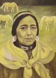 Woman with three horses by Mary Fairclough, oil on board, sold Aug 2022