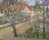 Street scene by Angus Scott, oil on canvas, sold Aug 2022