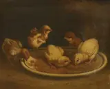 Chicks pecking grain by Andrea Cherubini, oil on canvas, sold Aug 2022