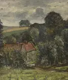 House in a landscape by Michael Blaker, oil on wood, sold Aug 2022
