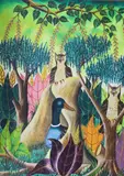 Duck and owls in woodland by Adam Leontus, oil on board, sold Aug 2022