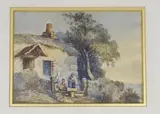 Figures beside a cottage, label verso, 13 x 18cm by Henry George Gastineau, watercolour, offered Aug 2022