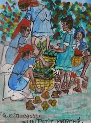 Un petit marché by Gervais Emmanuel Ducasse, ink and watercolour on board, sold Aug 2022