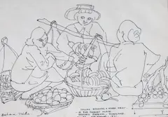 At the market place by Barbara Tribe, 1972, ink, offered Aug 2022