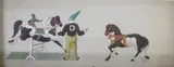 Clown training a circus monkey and two horses, Liss Fine Art label verso, 15 x 37cm by Mary Adshead, gouache on paper, sold Aug 2022