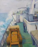 Deck of a merchant ship by Leslie Joseph Watson, 1963, oil, sold Aug 2022