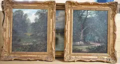 Figures in woodland and Sheep in by John Cuthbert Salmon, oil, sold Aug 2022