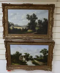 Rustic landscapes, one signed and dated 1877, 40 x 65cm by H.C. Barton, 1877, oil, sold Aug 2022