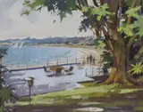 Takapuna from the Mon Desir, New Zealand by Bruce Bryant, watercolour, sold Aug 2022