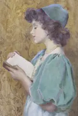 Portrait of a girl reading a book by Nelson Cook, watercolour, sold Aug 2022