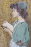 Portrait of a girl reading a book by Nelson Cook, watercolour, sold Aug 2022