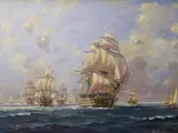 Study for HMS Victory with carrier boat, HMS Pickle, at Trafalgar by Stanley Francis Smitheman, oil on canvas, sold Aug 2022