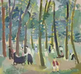Figures in woodland by Bengt Lindström, 1948, oil on canvas, sold Aug 2022