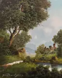 Ruins in a wooded landscape by Toni Bordignon, oil on canvas, sold Aug 2022