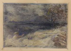 Coastal landscape with mermaid by James Smetham, watercolour, sold Aug 2022