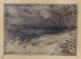 Coastal landscape with mermaid by James Smetham, watercolour, sold Aug 2022