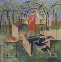 Preparatory sketch of figures in a garden, 27 x 28cm by Barbara Jones, watercolour, sold Aug 2022