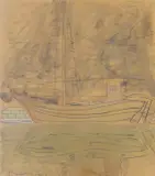 Fishing boat in harbour by Leonard Baskin, mixed media on paper, sold Aug 2022