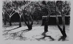 In the orchard by Simon Dorrell, ink, offered Aug 2022