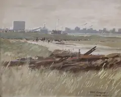 Industrial coastal landscape by John Ferguson, oil on board, sold Aug 2022