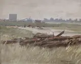 Industrial coastal landscape by John Ferguson, oil on board, sold Aug 2022