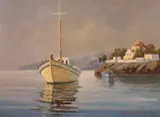 Moored boat and Othodox Church by Takis Moraitis, oil on canvas, sold Aug 2022