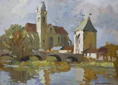 French riverside church by Edward Wesson, oil on panel, sold Aug 2022
