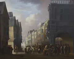 Street scene with numerous figures by John Tucker, 1827, oil on canvas, sold Aug 2022