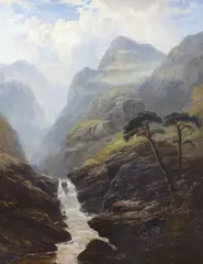 Highland scene with waterfall by George Blackie Sticks, 1879, oil on canvas, sold Aug 2022