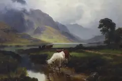 Highland Cattle, Loch Lomond from Enrich Water by Henry R. Hall, oil on canvas, sold Aug 2022