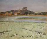 Lancing College from the river Arun by Michael Blaker, oil on board, sold Jul 2022