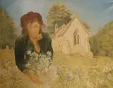 Girl in a churchyard by Michael Blaker, oil on canvas, sold Jul 2022