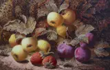Still lifes of grapes, a peach and greengages and apples, plums and strawberries oil on board, a pair signed 19 x 29cm by Oliver Clare, oil on board, sold Jul 2022