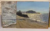 The Pier, Brighton from the beach at sunset, and the beach towards Shoreham-by-Sea, a pair, oils on board by Michael Blaker, oil, sold Jul 2022